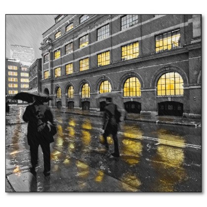Αφίσα (φθινόπωρο, βροχή, ομπρέλα, πόλη, άνθρωποι, γκρι, κίτρινο)
